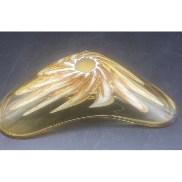 VTG Murano Amber W/ Gold & White Feather Glass Bowl W/ Folded Edge 12” - Picture 7 of 7